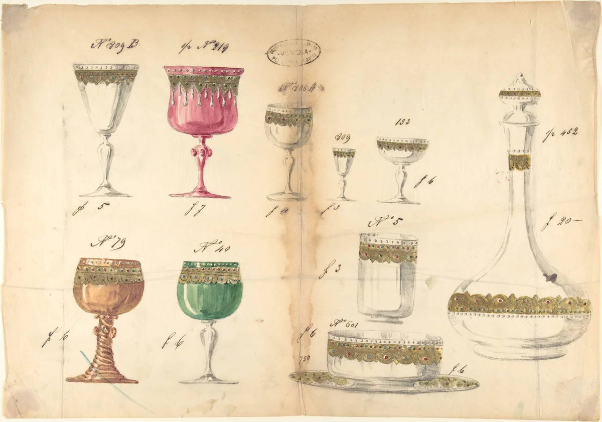 One of Twenty-Three Sheets of Drawings of Glassware (Mirrors, Chandeliers, Goblets, etc.) by Compagnia di Venezia e Murano, drawing, 1850-1880