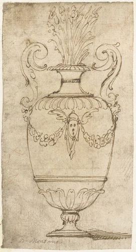 Siervaas met over de buik slingers en mascarons by Unknown, drawing, 1544-1621