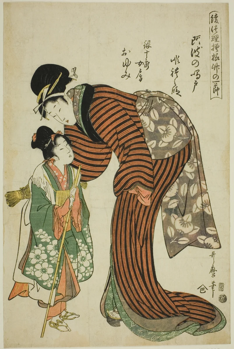 Ginjuro's Wife Oyumi from the Play "Whirlpools of Awa" (Awa no naruto, Ginjuro nyobo Oyumi), from the series "Bamboo Nodes in Puppet Theater Designs (Ayatsuri moyo take no hitofushi)" by Kitagawa Utamaro (喜多川歌麿), print, 1806