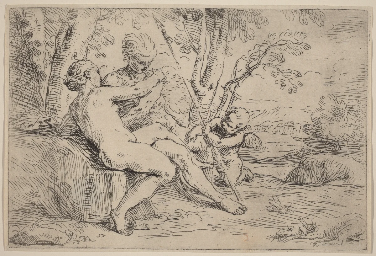 Venus and Adonis by Simone Cantarini, print, 1640-1649