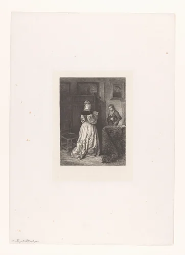 Boodschapper wacht terwijl vrouw een brief leest by Nikolay Semyonovich Mosolov, print, 1857-1914