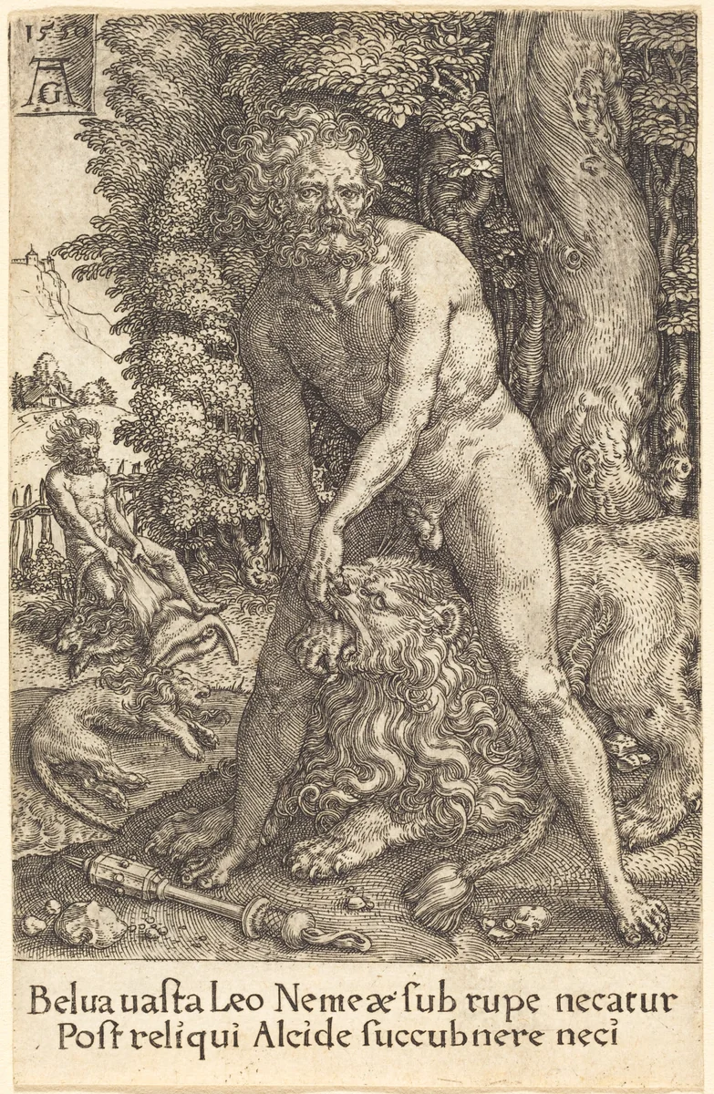 Hercules Slaying the Lion of Nemea by Heinrich Aldegrever, print, 1550