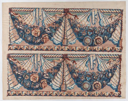Sheet with a two borders with hanging drapery and two blue floral garlands by anonymous, print, 1775-1875