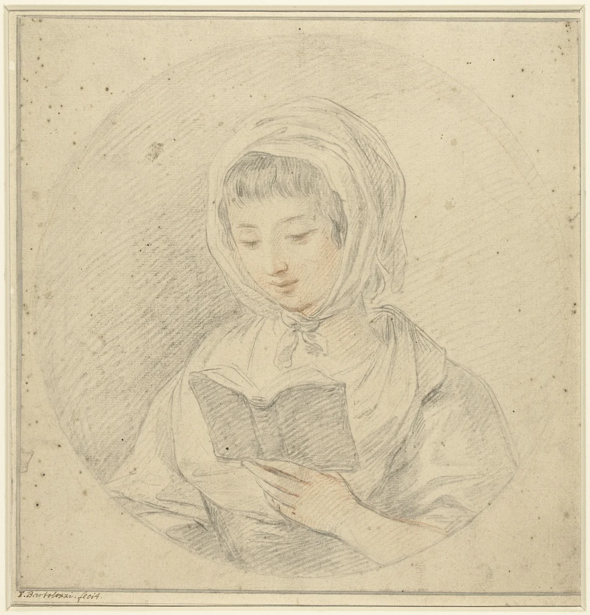 Meisje lezend in een boek, in een ovaal by Francesco Bartolozzi, drawing, 1738-1815