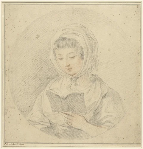 Meisje lezend in een boek, in een ovaal by Francesco Bartolozzi, drawing, 1738-1815