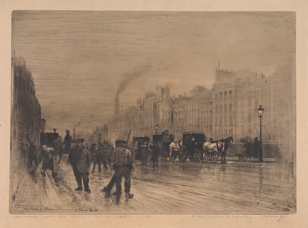 Winter Morning on the Quay, Paris by Félix Hilaire Buhot, print, 1883