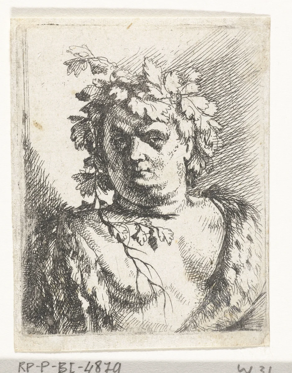 Buste van Bacchus met krans van wijnrank by Jan Gerritsz. van Bronckhorst, print, 1613-1661
