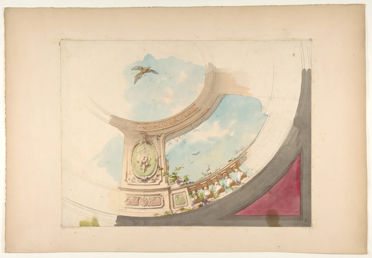 Design for a ceiling with trompe l'oeil balustrade and sky by Jules-Edmond-Charles Lachaise, drawing, 1850-1900