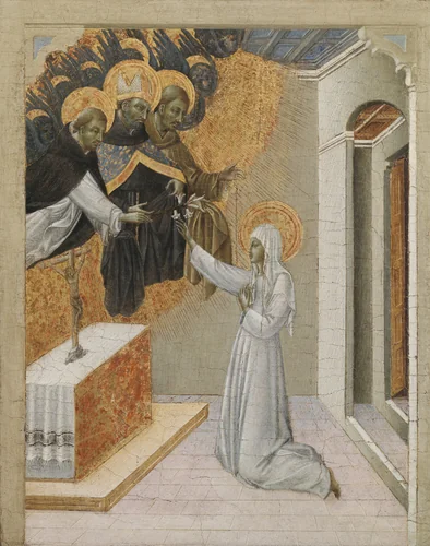 Predella Panel from an Altarpiece: St. Catherine of Siena Invested with the Dominican Habit by Giovanni di Paolo, painting, 1460-1469