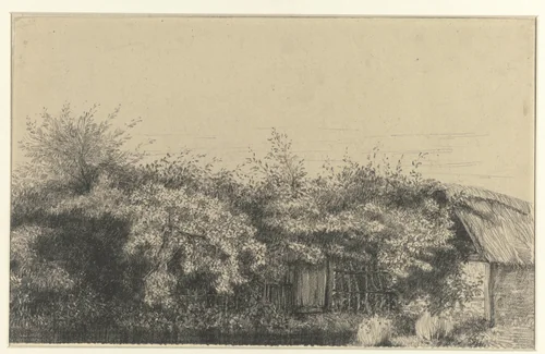 Begroeide boerderij, Normandië by Charles-François Daubigny, drawing, 1827-1878