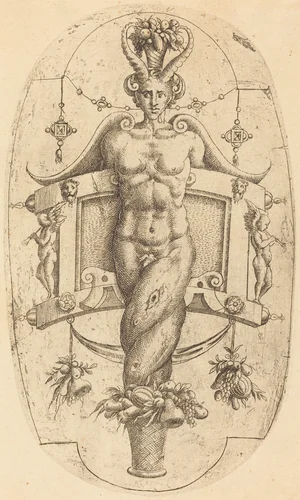 Horned Genius by Jean Mignon, print, 1523-1603