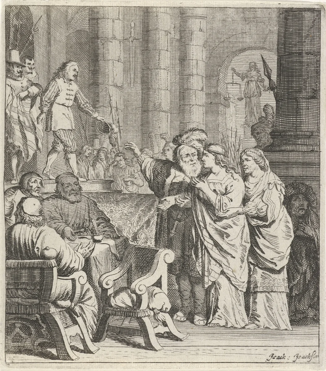 Don Jan en Konstance in de rechtbank by Pieter Nolpe, print, 1643