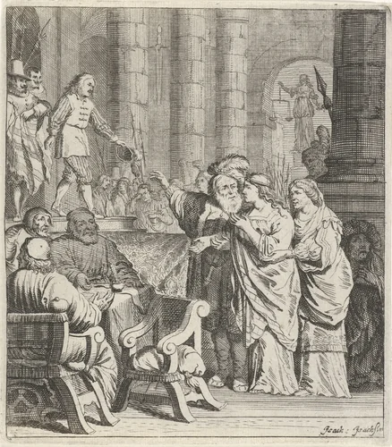 Don Jan en Konstance in de rechtbank by Pieter Nolpe, print, 1643