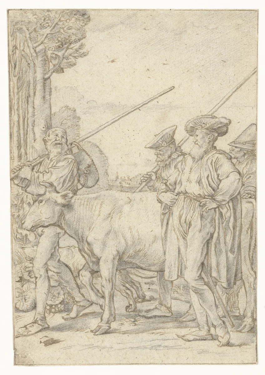 Baljuw laat de koe wegvoeren by Willem Pietersz Buytewech, drawing, 1618
