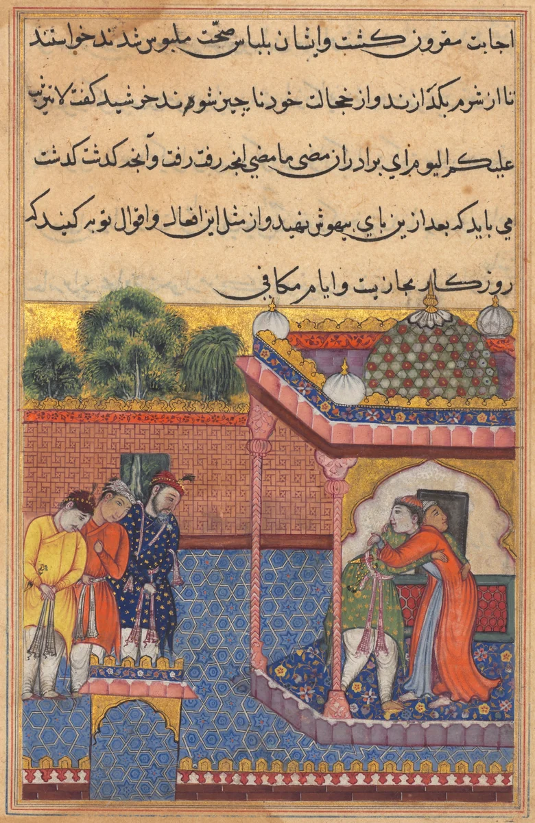 Khurshid reunited with her husband Utarid, from a Tuti-nama (Tales of a Parrot): Thirty-second Night by Unknown, painting, 1555-1565