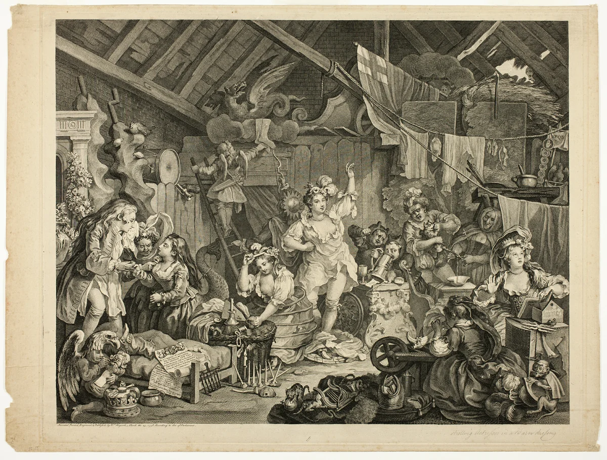 Strolling Actresses Dressing in a Barn by William Hogarth, print, 1738