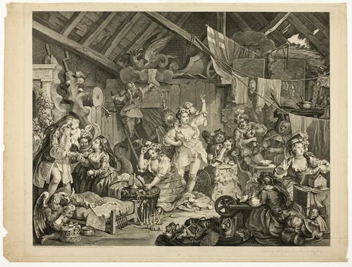 Strolling Actresses Dressing in a Barn by William Hogarth, print, 1738
