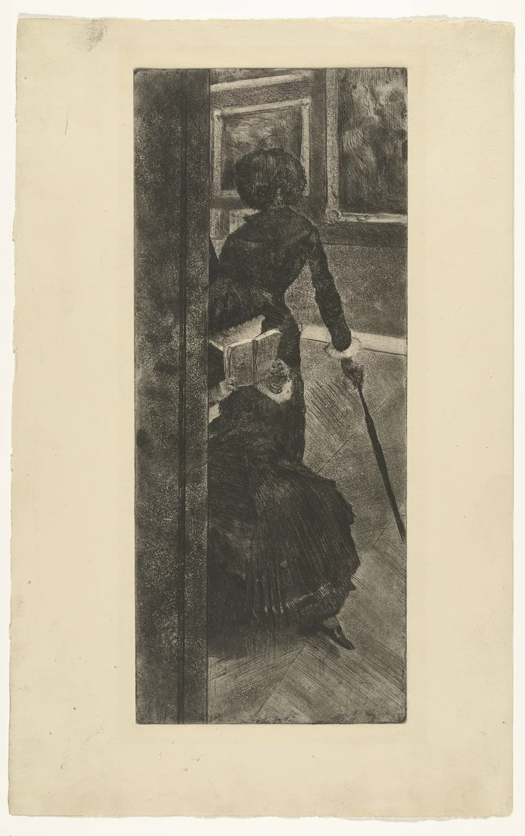 Mary Cassatt kijkt naar schilderijen in het Louvre by Edgar Degas, print, 1879-1880