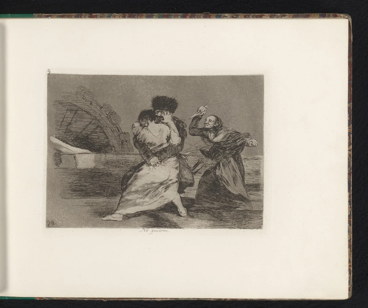 Man worstelt met een vrouw terwijl een tweede vrouw op het punt staat hem dood te steken by Francisco de Goya, book, 1810-1820