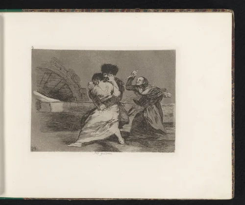 Man worstelt met een vrouw terwijl een tweede vrouw op het punt staat hem dood te steken by Francisco de Goya, book, 1810-1820
