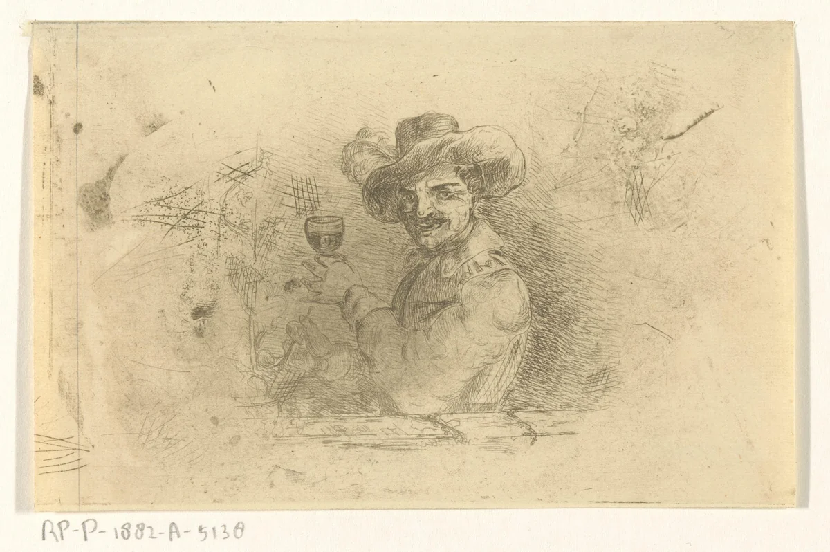 Soldaat met opgeheven glas by Jan Karel Jacob de Jonge, print, 1843-1880