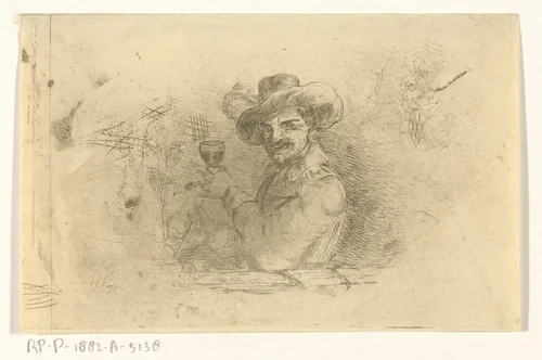 Soldaat met opgeheven glas by Jan Karel Jacob de Jonge, print, 1843-1880