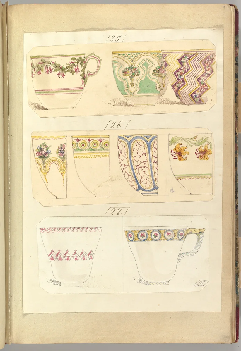 Nine Designs for Decorated Cups by Alfred Forrester, drawing, 1847-1857
