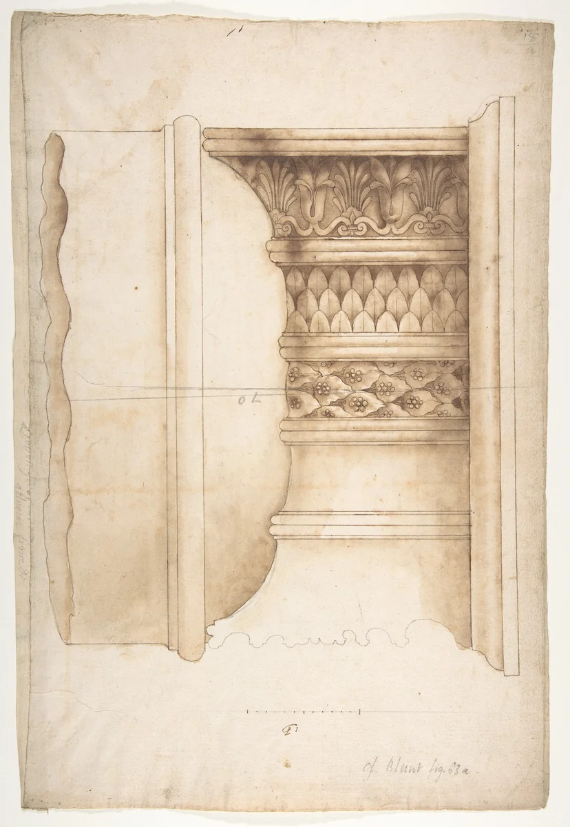 Unidentified, Ionic capital, elevation (recto) blank (verso) by anonymous, drawing, 1500-1560