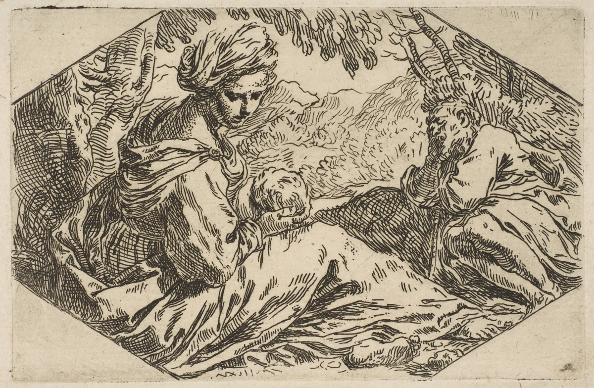 Repose in Egypt, Mary holding and looking at the infant Christ while St. Joseph sleeps by Simone Cantarini, print, 1632-1644
