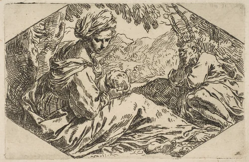 Repose in Egypt, Mary holding and looking at the infant Christ while St. Joseph sleeps by Simone Cantarini, print, 1632-1644