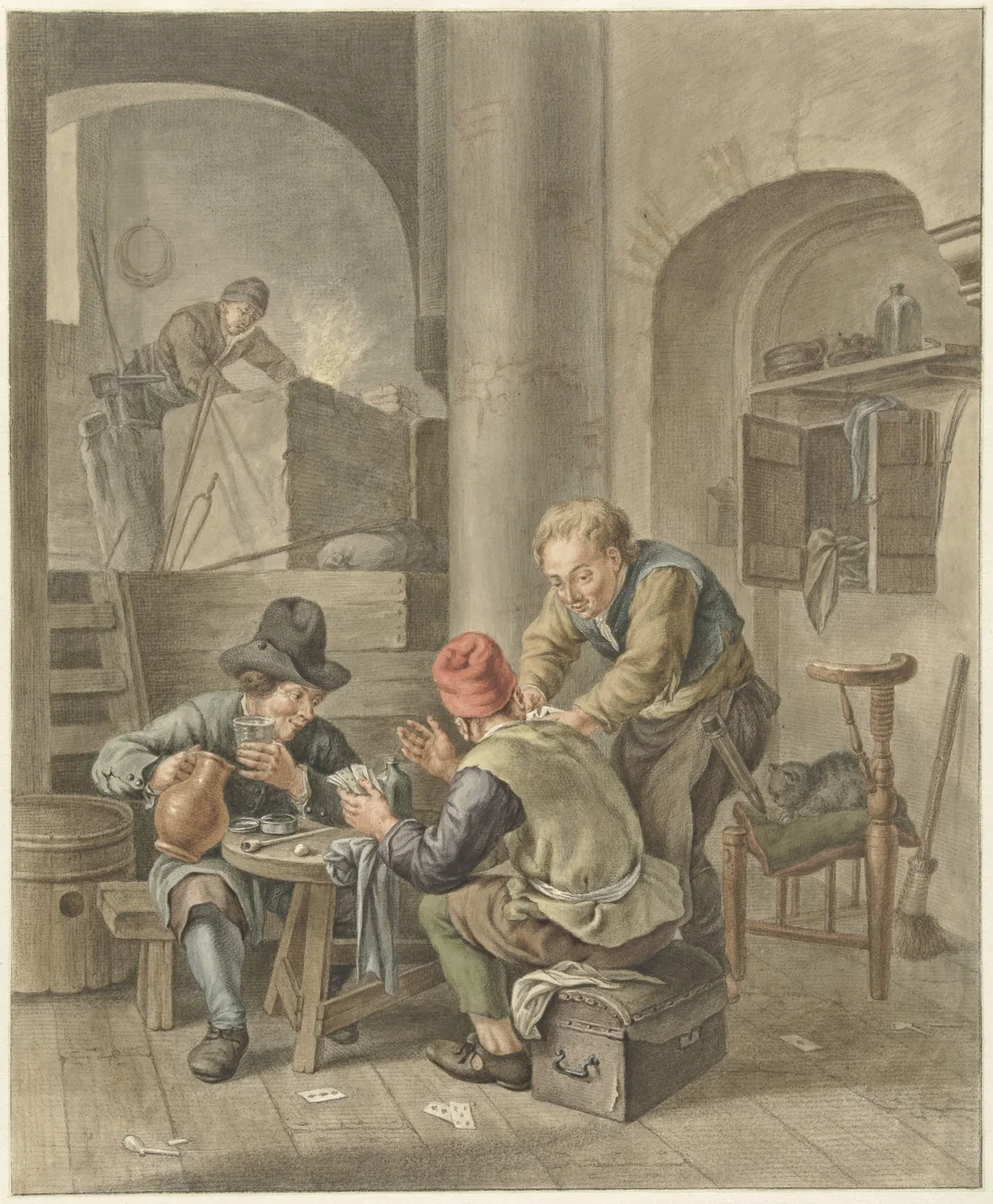De Kaartspelers by Abraham Delfos, drawing, 1741-1820