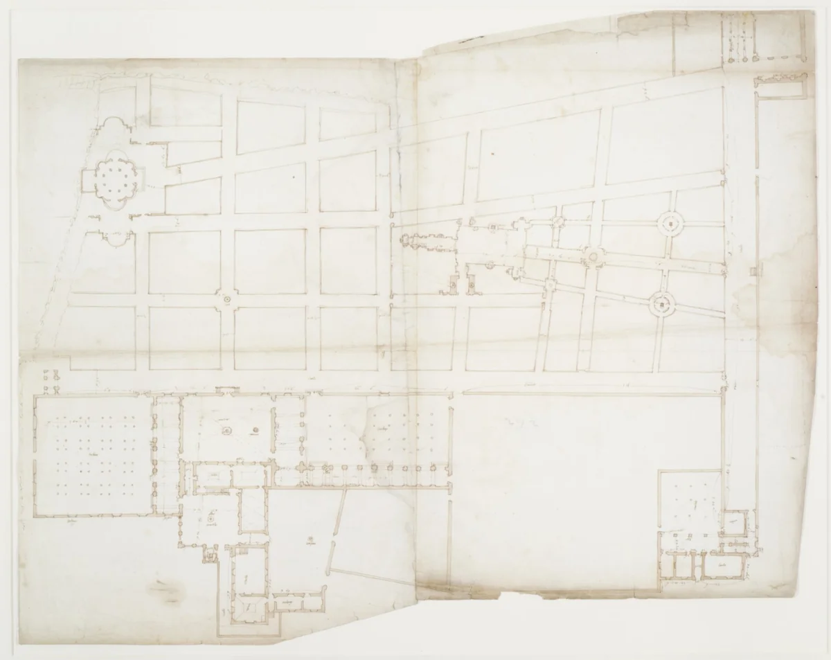 Ville d'Este, Gardens, Quirinal, plan (recto) blank (verso) by anonymous, drawing, 1500-1560