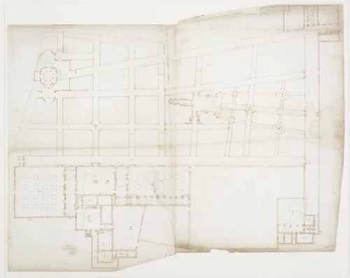 Ville d'Este, Gardens, Quirinal, plan (recto) blank (verso) by anonymous, drawing, 1500-1560