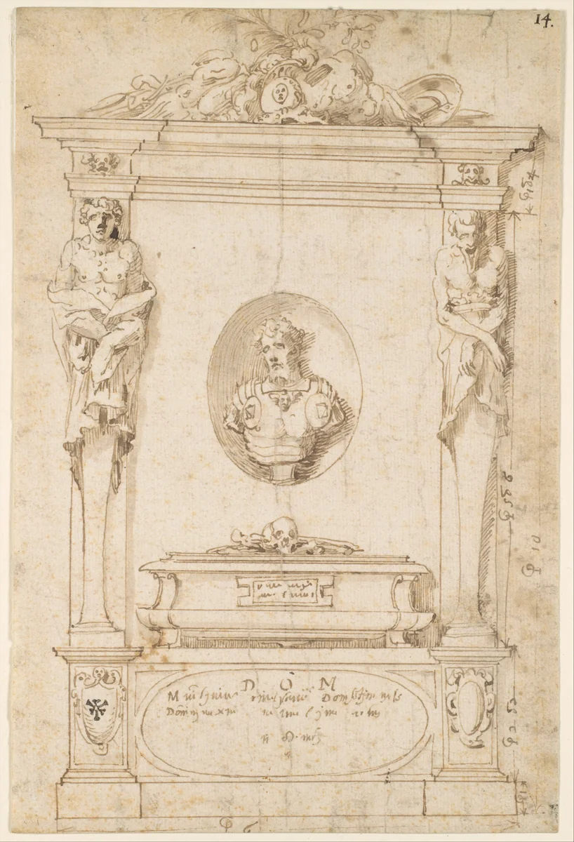 Design for a Tomb with Herms and a Niche with a Bust Portrait by anonymous, drawing, 1500-1600