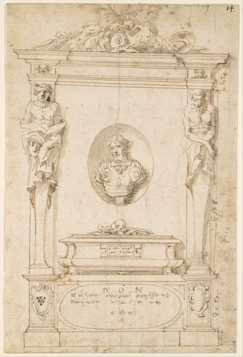 Design for a Tomb with Herms and a Niche with a Bust Portrait by anonymous, drawing, 1500-1600