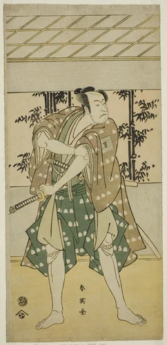 The Actor Ichikawa Omezo I as the Boatman Takihei (?) in the Play Ofunamori Ebi no Kaomise (?), Performed at the Kawarazaki Theater (?) in the Eleventh Month, 1792 (?) by Katsukawa Shun'ei (勝川春英), print, 1787-1797