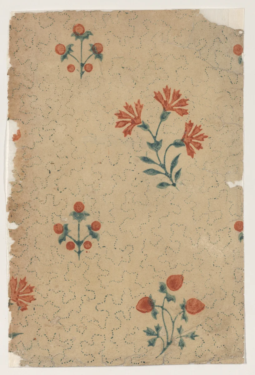 Sheet with overall dot pattern with bouquets by anonymous, print, 1800-1900