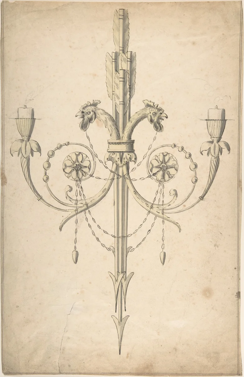 Design for a Girandole Composed of Three Clasping Arrows and Candle-branches Terminating in Cockerel Heads by Sir William Chambers, drawing, 1743-1797