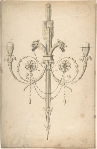 Design for a Girandole Composed of Three Clasping Arrows and Candle-branches Terminating in Cockerel Heads by Sir William Chambers, drawing, 1743-1797