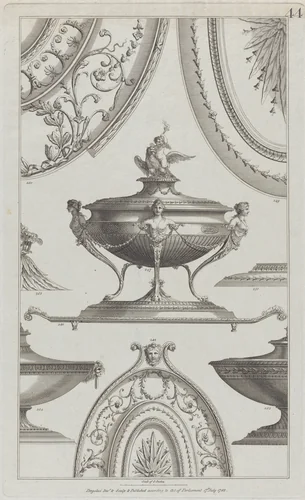 Vases and Vessels, nos. 248–254, plate 44 from "Designs for Various Ornaments" by Michelangelo Pergolesi, print, 1782