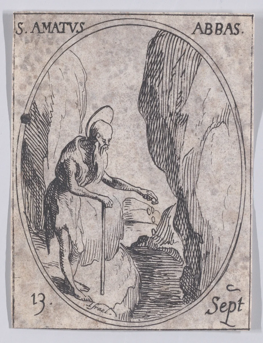 S. Amé, abbé (St. Amatus, Abbot), September 13th, from "Les Images De Tous Les Saincts et Saintes de L'Année" (Images of All of the Saints and Religious Events of the Year) by Jacques Callot, print, 1636