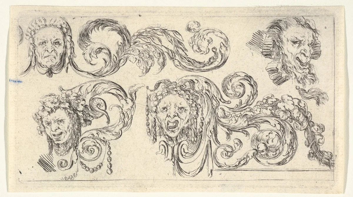 Four grotesque heads with scrollwork, plate 8 from "Friezes, foliage, and grotesques" (Frises, feuillages et grotesques) by Stefano della Bella, print, 1638-1643