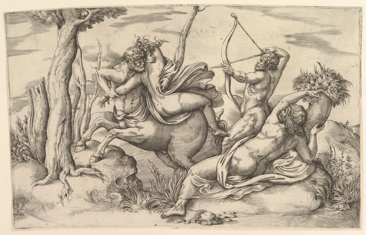 The abduction of Dejanira held by the centaur Nessus by Battista Franco, print, 1525-1566