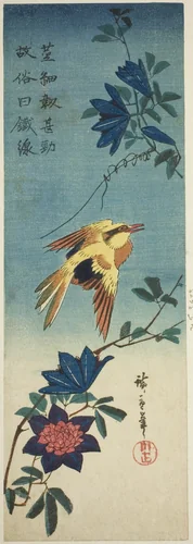 (Facsimile?) Black-naped oriole and clematis by Utagawa Hiroshige (歌川広重), print, 1840-1849