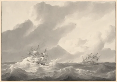 Ships in a Stormy Sea by Petrus Johannes Schotel, drawing, 1835-1845