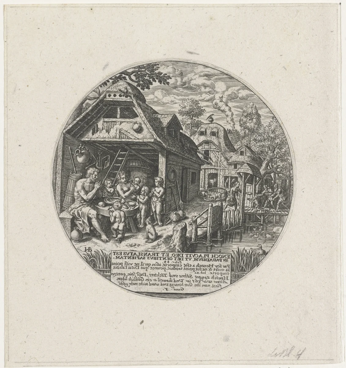 Henoch en zijn familie in gebed voor de maaltijd by Unknown, print, 1583-1615
