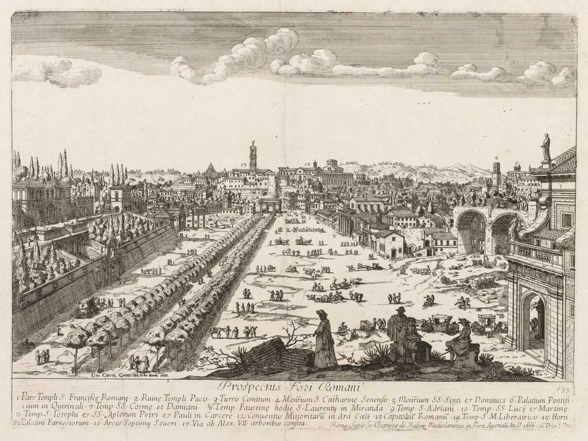 Foro Romano from "Prospectus Locurum Urbis Romae Insign[ium]" by Lievin Cruyl, print, 1666