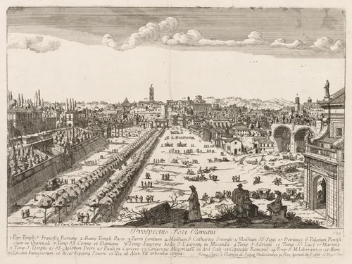 Foro Romano from "Prospectus Locurum Urbis Romae Insign[ium]" by Lievin Cruyl, print, 1666