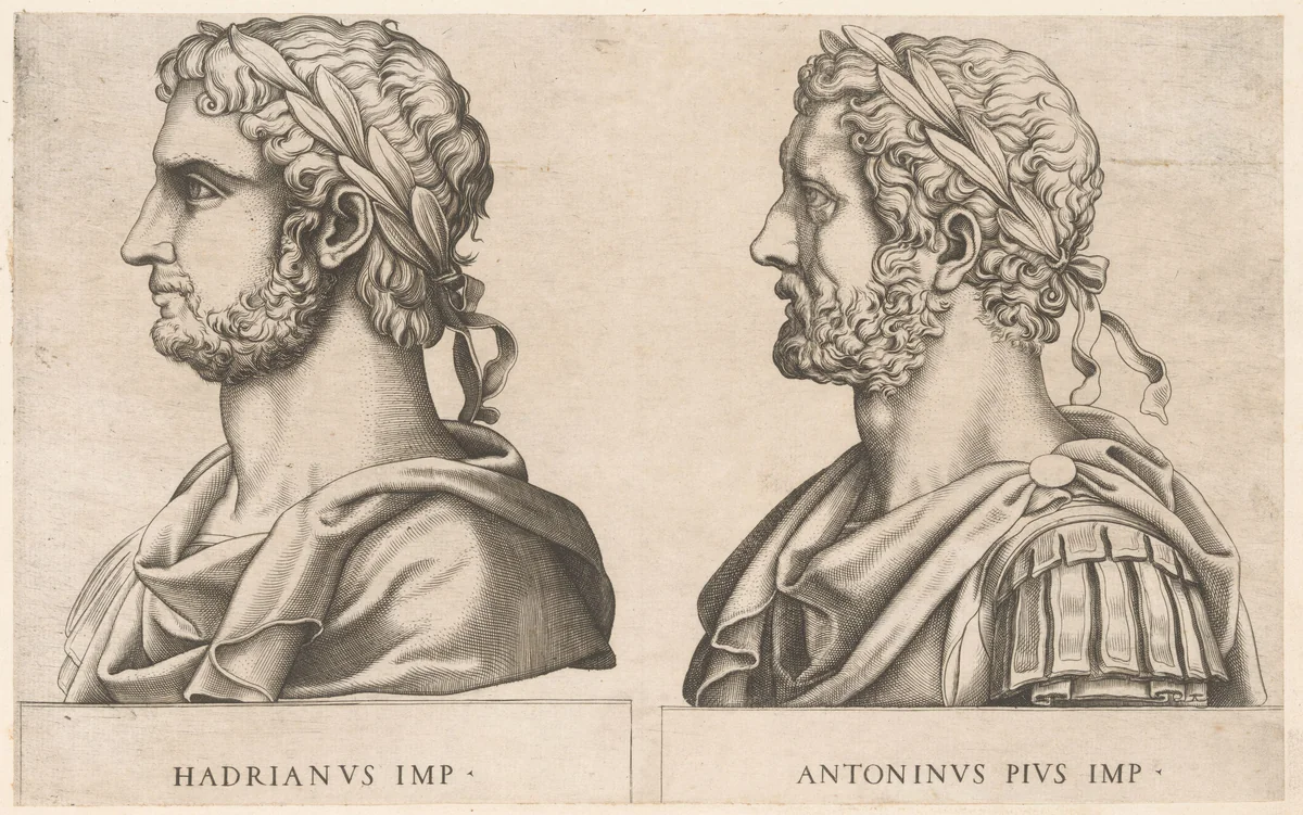 Portretbustes van Romeinse keizers Hadrianus en Antoninus Pius by anonymous, print, 1510-1562