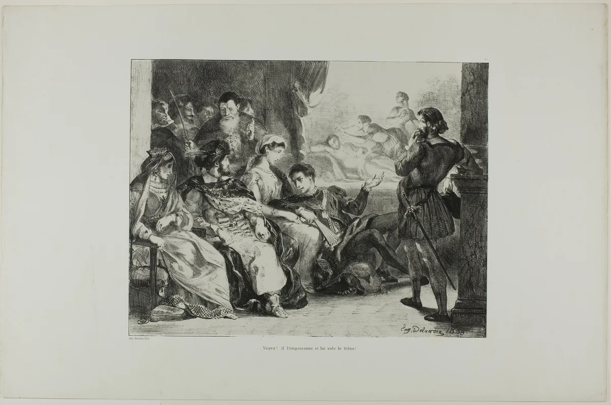Hamlet Makes the Players Enact the Poisoning of His Father, plate 7 from Hamlet by Eugène Delacroix, print, 1835